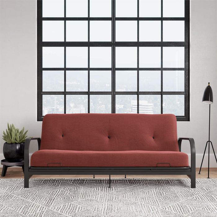 Dorel Home Cleo Black Metal Arm Full Size Futon Frame with 6\" Thermo-bonded High-Density Polyester Fill Mattress - Red