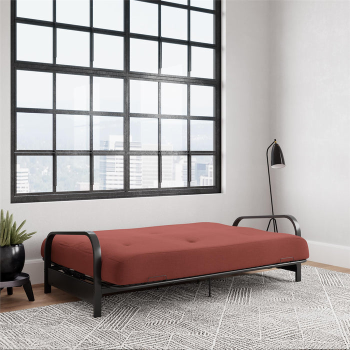 Dorel Home Cleo Black Metal Arm Full Size Futon Frame with 6\" Thermo-bonded High-Density Polyester Fill Mattress - Red