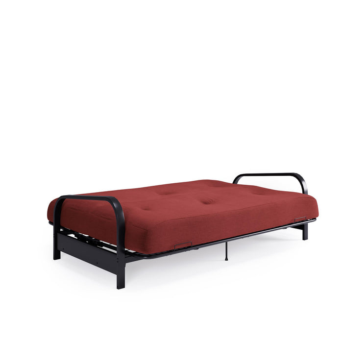Dorel Home Cleo Black Metal Arm Full Size Futon Frame with 6\" Thermo-bonded High-Density Polyester Fill Mattress - Red
