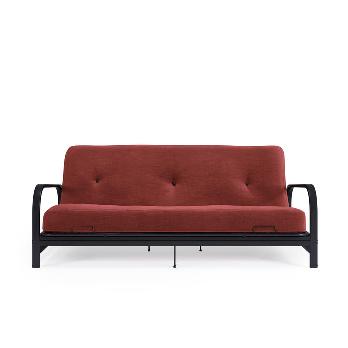 Dorel Home Cleo Black Metal Arm Full Size Futon Frame with 6\" Thermo-bonded High-Density Polyester Fill Mattress - Red