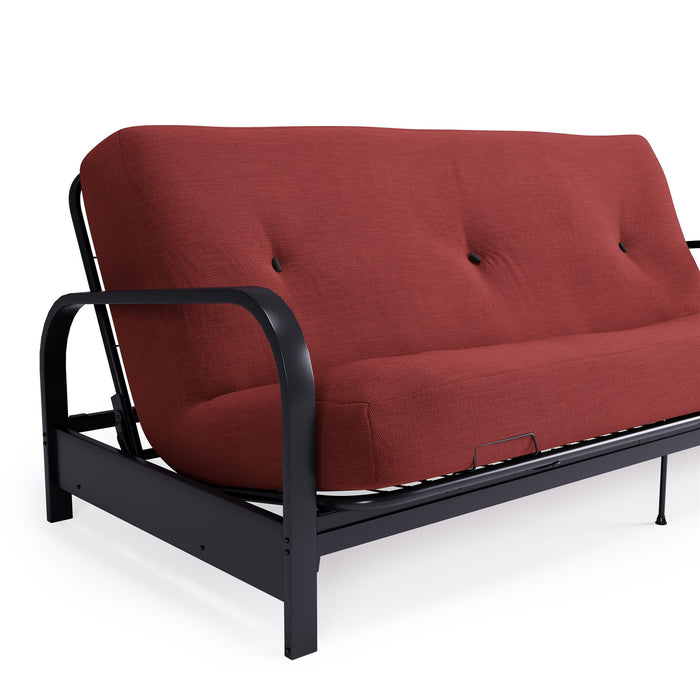 Dorel Home Cleo Black Metal Arm Full Size Futon Frame with 6\" Thermo-bonded High-Density Polyester Fill Mattress - Red