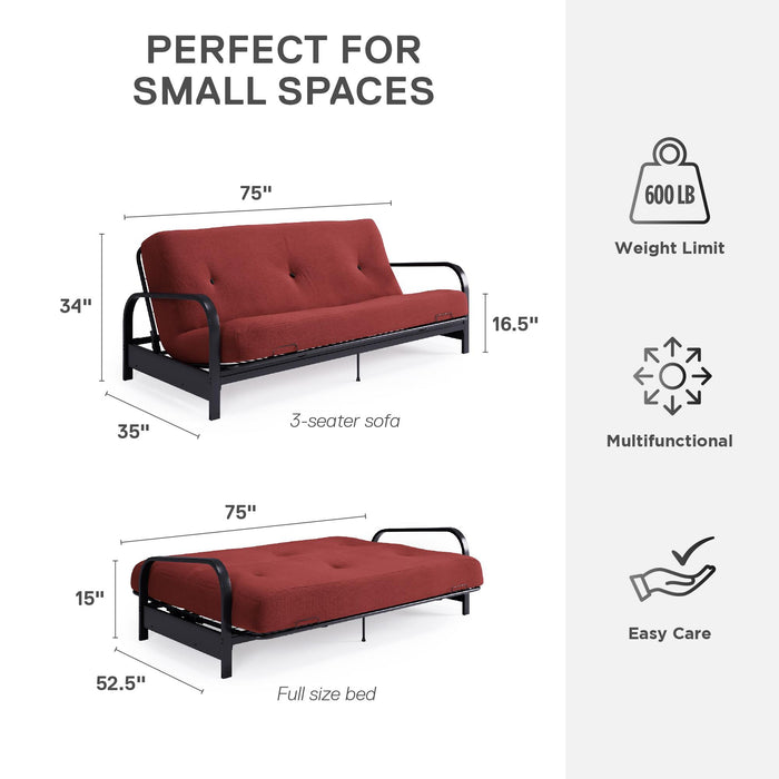 Dorel Home Cleo Black Metal Arm Full Size Futon Frame with 6\" Thermo-bonded High-Density Polyester Fill Mattress - Red