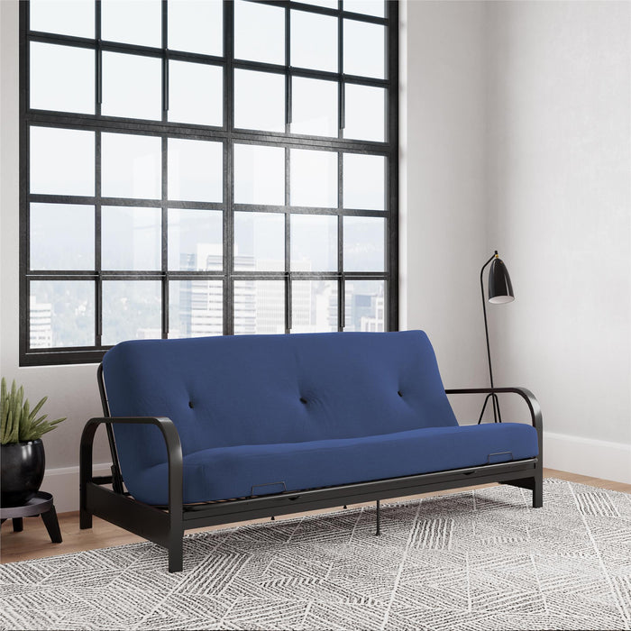 Dorel Home Cleo Black Metal Arm Full Size Futon Frame with 6\" Thermo-bonded High-Density Polyester Fill Mattress - Blue