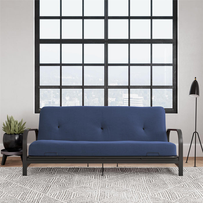 Dorel Home Cleo Black Metal Arm Full Size Futon Frame with 6\" Thermo-bonded High-Density Polyester Fill Mattress - Blue