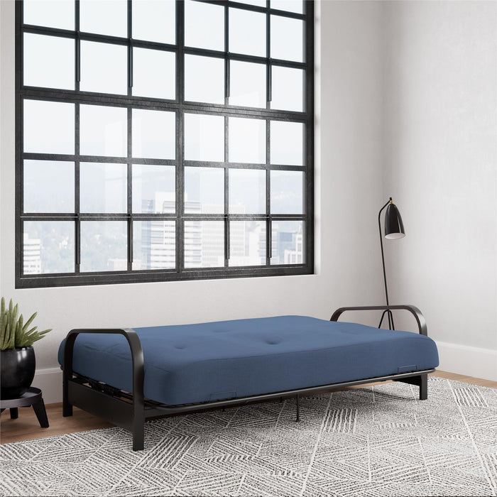 Dorel Home Cleo Black Metal Arm Full Size Futon Frame with 6\" Thermo-bonded High-Density Polyester Fill Mattress - Blue