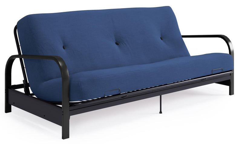 Dorel Home Cleo Black Metal Arm Full Size Futon Frame with 6\" Thermo-bonded High-Density Polyester Fill Mattress - Blue