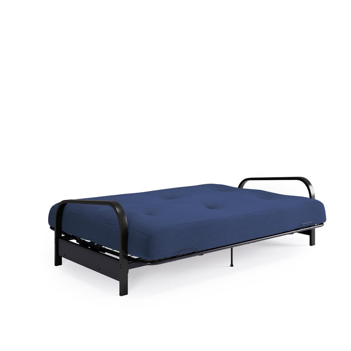 Dorel Home Cleo Black Metal Arm Full Size Futon Frame with 6\" Thermo-bonded High-Density Polyester Fill Mattress - Blue