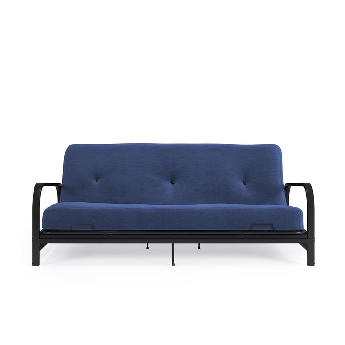 Dorel Home Cleo Black Metal Arm Full Size Futon Frame with 6\" Thermo-bonded High-Density Polyester Fill Mattress - Blue