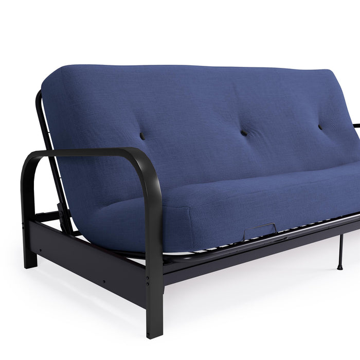 Dorel Home Cleo Black Metal Arm Full Size Futon Frame with 6\" Thermo-bonded High-Density Polyester Fill Mattress - Blue
