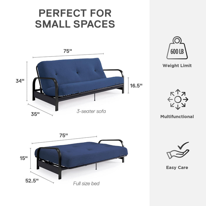 Dorel Home Cleo Black Metal Arm Full Size Futon Frame with 6\" Thermo-bonded High-Density Polyester Fill Mattress - Blue