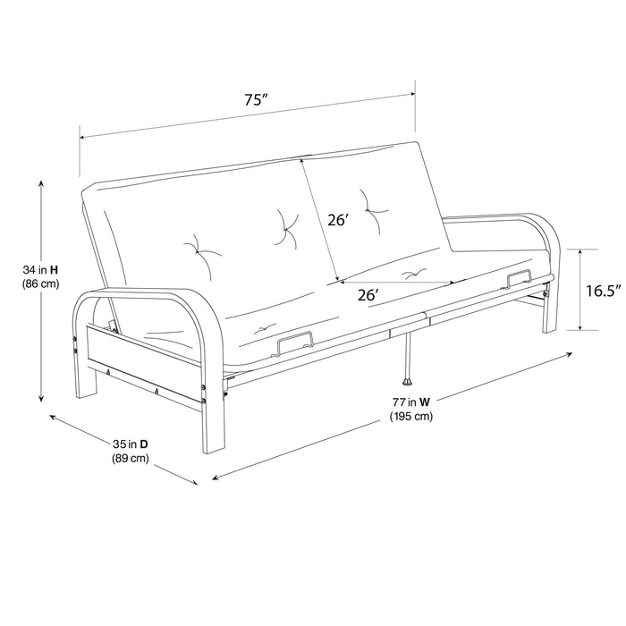 Dorel Home Cleo Black Metal Arm Full Size Futon Frame with 6\" Thermo-bonded High-Density Polyester Fill Mattress - Blue