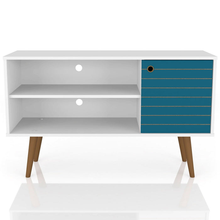Manhattan Comfort Liberty 42.52\" Mid-Century Modern TV Stand with 2 Shelves & 1 Door - White & Aqua Blue