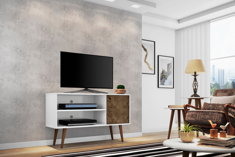 Manhattan Comfort Liberty 42.52\" Mid-Century Modern TV Stand with 2 Shelves & 1 Door - White & Brown