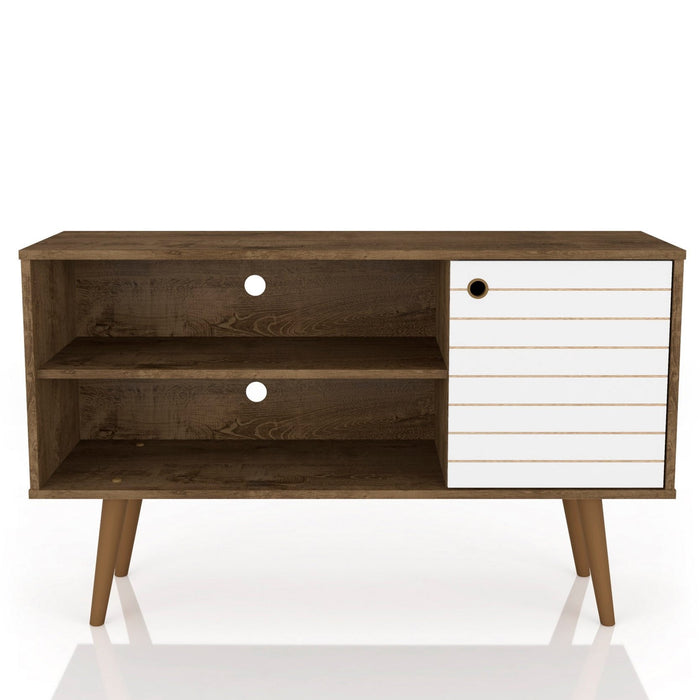 Manhattan Comfort Liberty 42.52\" Mid-Century Modern TV Stand with 2 Shelves & 1 Door - Rustic Brown & Aqua Blue