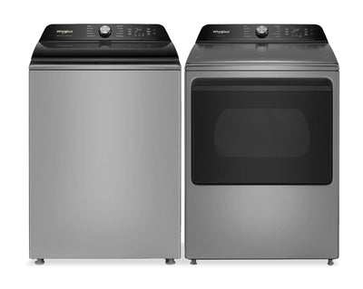 Whirlpool 6.1 Cu. Ft. Smart Top Load Washer and 7.5 Cu. Ft. Electric Dryer – Radiant Silver  | Laveuse intelligente à chargement par le haut de 6,1 pi³ et sécheuse électrique de 7,5 pi³ de Whirlpool - argenté radieux
