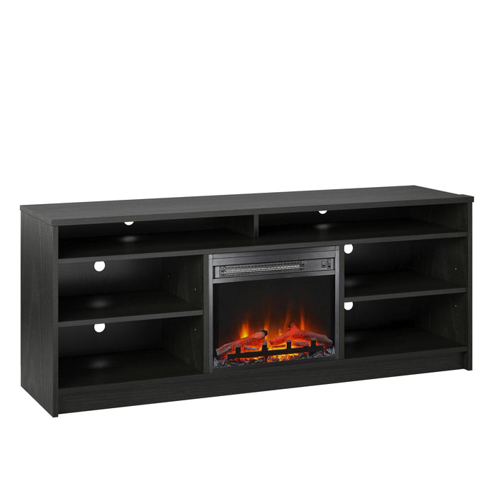 Ameriwood Home Hendrix 65\" TV Stand with Electric Fireplace Insert and Shelves - Black Oak