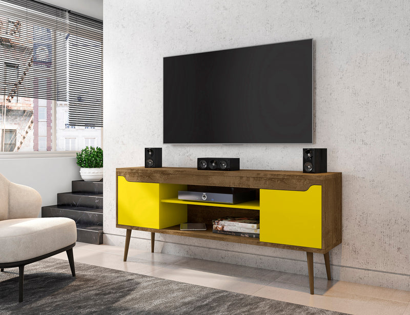 Manhattan Comfort Bradley 62.99\" TV Stand with 2 Media Shelves & 2 Storage Shelves - Rustic Brown & White