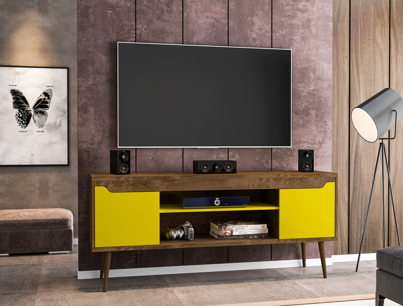 Manhattan Comfort Bradley 62.99\" TV Stand with 2 Media Shelves & 2 Storage Shelves - Rustic Brown & White