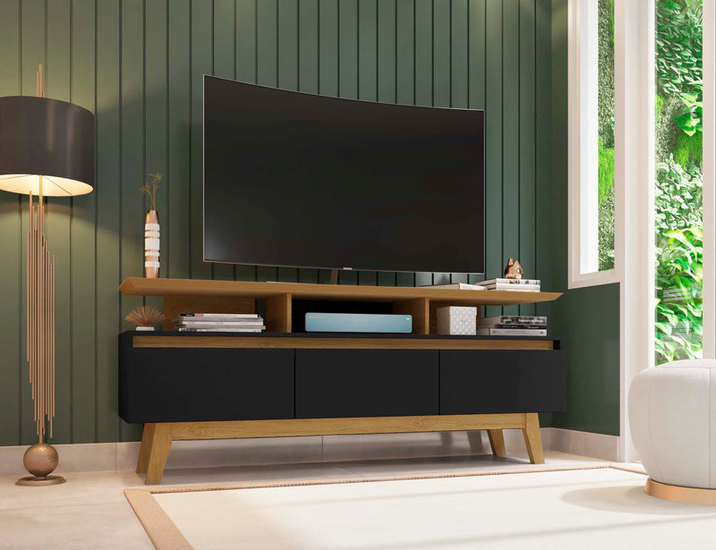Manhattan Comfort Yonkers 62.99\" TV Stand with Solid Wood Legs & 6 Media Storage Compartments - Black & Cinnamon