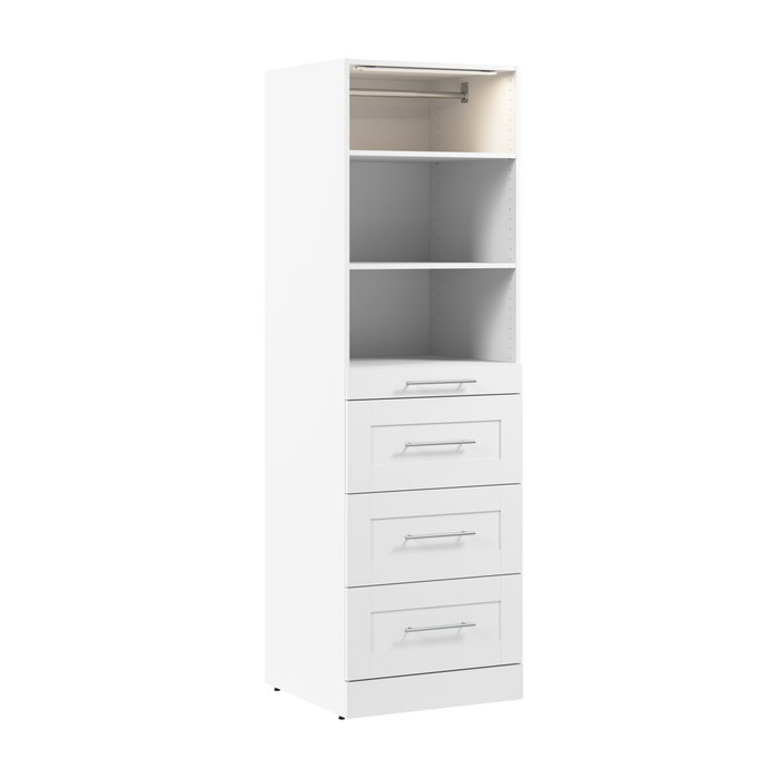 Bestar Florence 25\" Modular Reach-In/Walk-In Closet System Tower with LED Light, Shelves and 4 Drawers Shaker Style - White