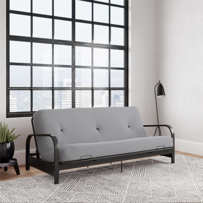 Dorel Home Cleo Black Metal Arm Full Size Futon Frame with 6\" Thermo-bonded High-Density Polyester Fill Mattress - Grey