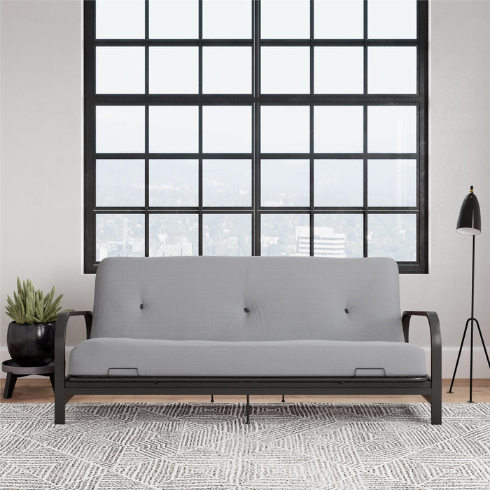 Dorel Home Cleo Black Metal Arm Full Size Futon Frame with 6\" Thermo-bonded High-Density Polyester Fill Mattress - Grey