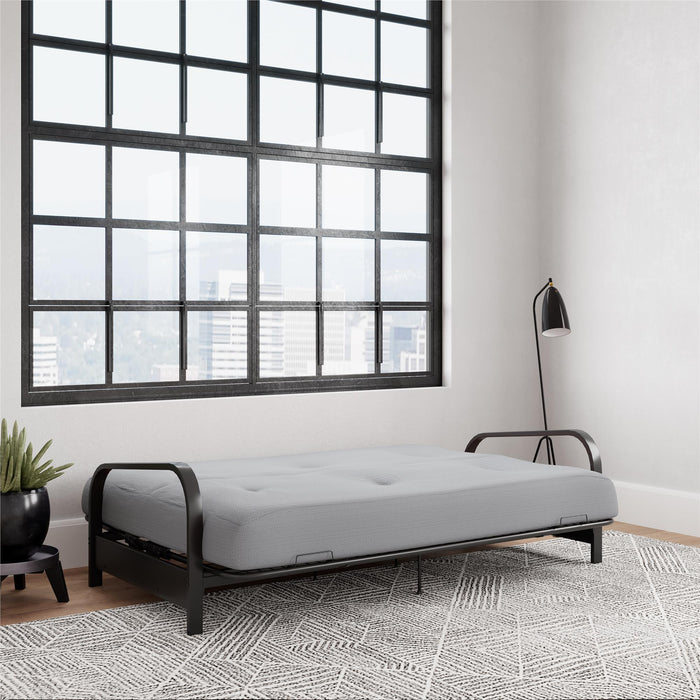 Dorel Home Cleo Black Metal Arm Full Size Futon Frame with 6\" Thermo-bonded High-Density Polyester Fill Mattress - Grey