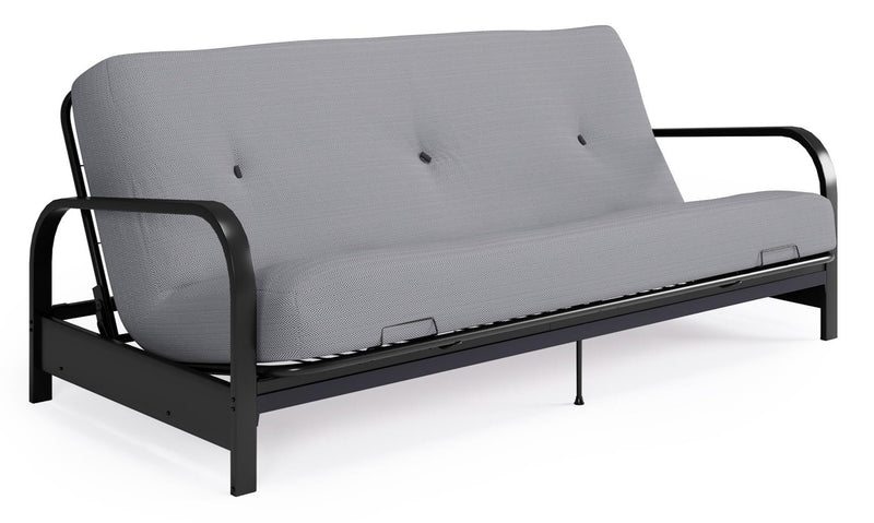 Dorel Home Cleo Black Metal Arm Full Size Futon Frame with 6\" Thermo-bonded High-Density Polyester Fill Mattress - Grey