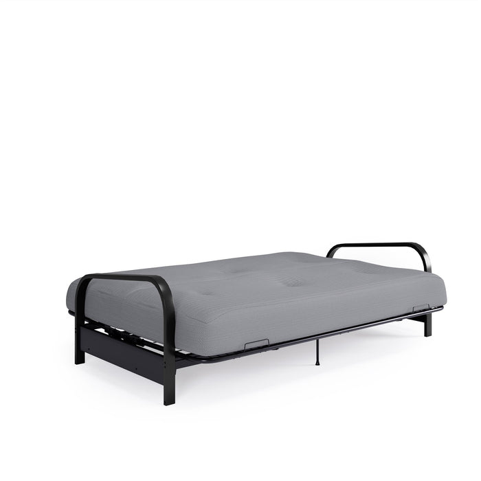 Dorel Home Cleo Black Metal Arm Full Size Futon Frame with 6\" Thermo-bonded High-Density Polyester Fill Mattress - Grey