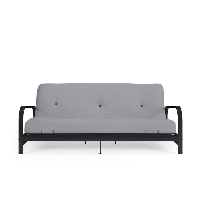 Dorel Home Cleo Black Metal Arm Full Size Futon Frame with 6\" Thermo-bonded High-Density Polyester Fill Mattress - Grey