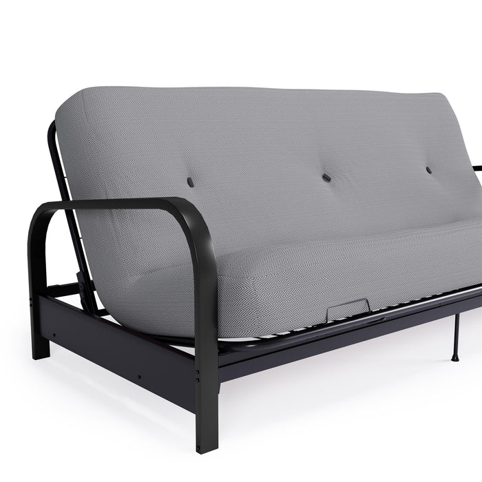 Dorel Home Cleo Black Metal Arm Full Size Futon Frame with 6\" Thermo-bonded High-Density Polyester Fill Mattress - Grey