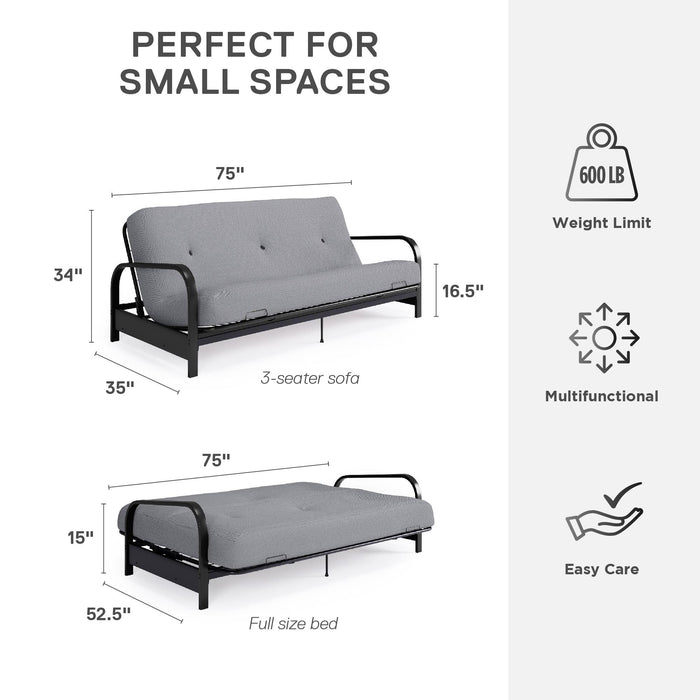 Dorel Home Cleo Black Metal Arm Full Size Futon Frame with 6\" Thermo-bonded High-Density Polyester Fill Mattress - Grey