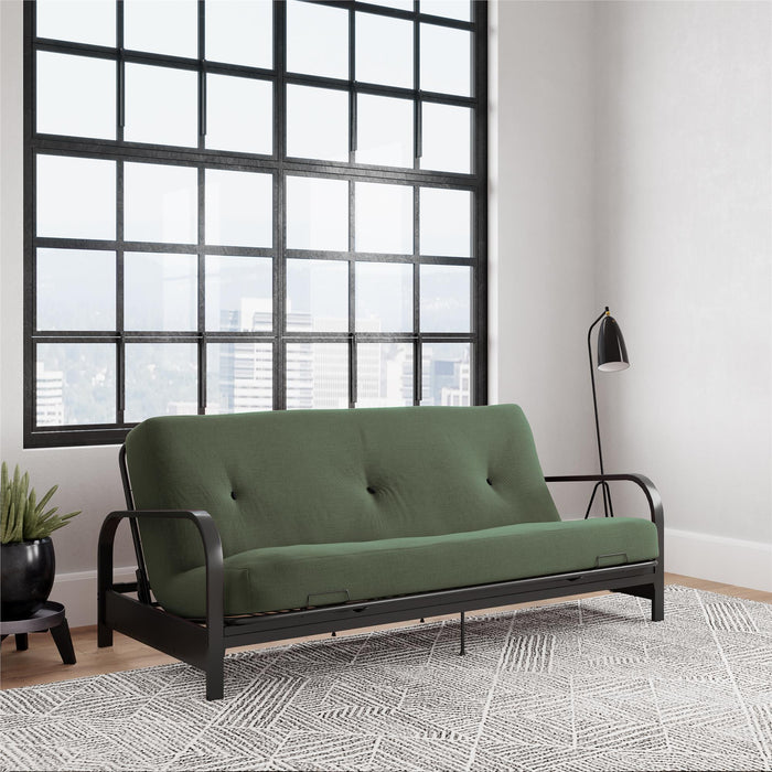 Dorel Home Cleo Black Metal Arm Full Size Futon Frame with 6\" Thermo-bonded High-Density Polyester Fill Mattress - Green