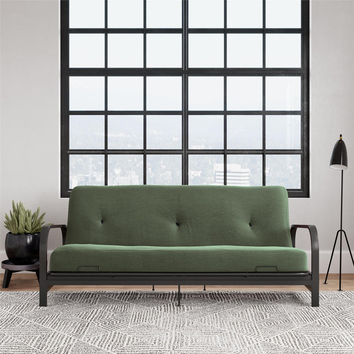Dorel Home Cleo Black Metal Arm Full Size Futon Frame with 6\" Thermo-bonded High-Density Polyester Fill Mattress - Green
