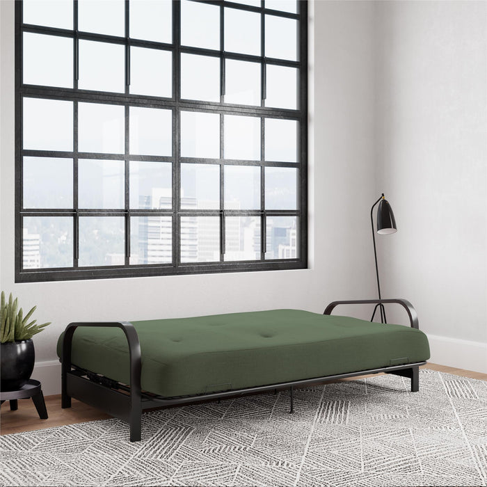 Dorel Home Cleo Black Metal Arm Full Size Futon Frame with 6\" Thermo-bonded High-Density Polyester Fill Mattress - Green