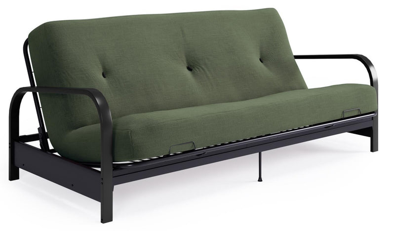 Dorel Home Cleo Black Metal Arm Full Size Futon Frame with 6\" Thermo-bonded High-Density Polyester Fill Mattress - Green