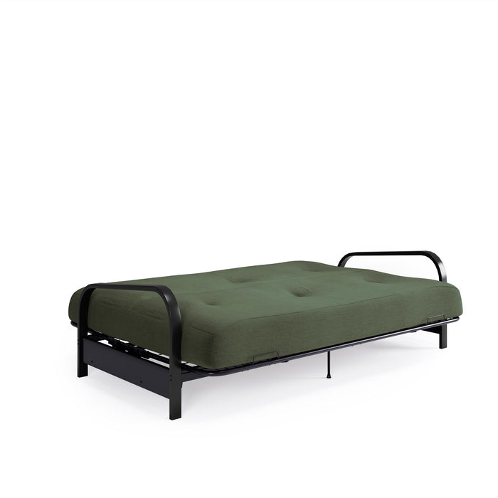 Dorel Home Cleo Black Metal Arm Full Size Futon Frame with 6\" Thermo-bonded High-Density Polyester Fill Mattress - Green