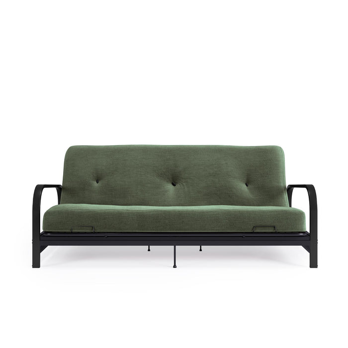 Dorel Home Cleo Black Metal Arm Full Size Futon Frame with 6\" Thermo-bonded High-Density Polyester Fill Mattress - Green