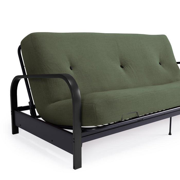 Dorel Home Cleo Black Metal Arm Full Size Futon Frame with 6\" Thermo-bonded High-Density Polyester Fill Mattress - Green