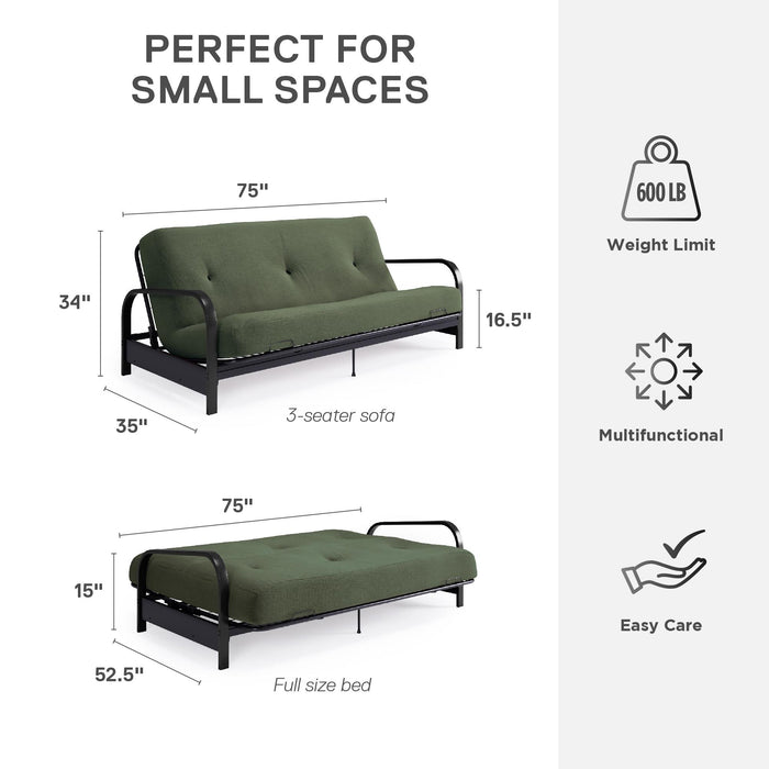 Dorel Home Cleo Black Metal Arm Full Size Futon Frame with 6\" Thermo-bonded High-Density Polyester Fill Mattress - Green