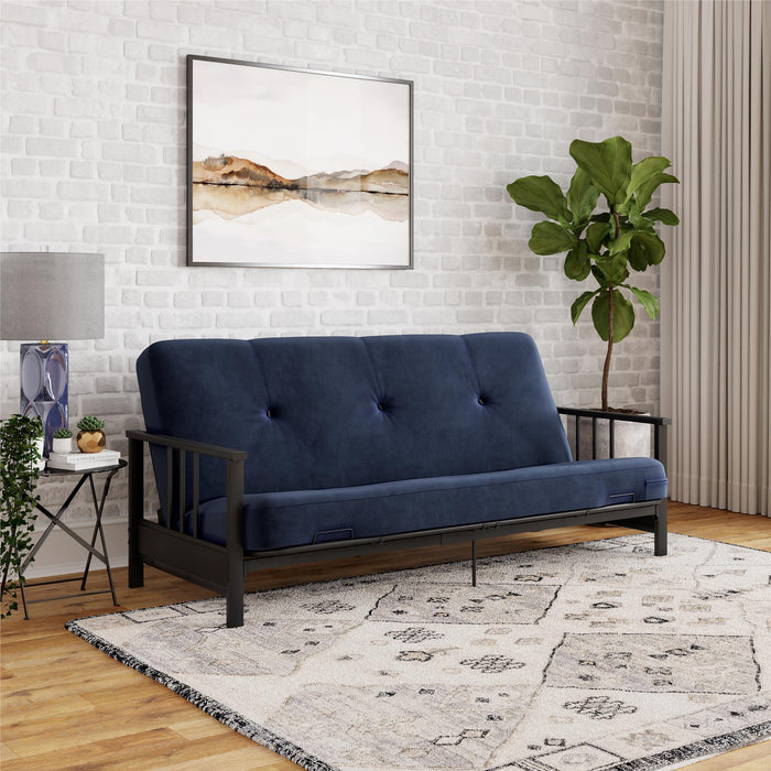 Dorel Home Harlow Full Metal Arm Futon with 6\" Thermo-bonded High-Density Polyester Fill Futon Mattress - Blue