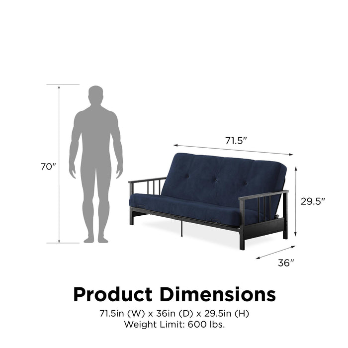 Dorel Home Harlow Full Metal Arm Futon with 6\" Thermo-bonded High-Density Polyester Fill Futon Mattress - Blue