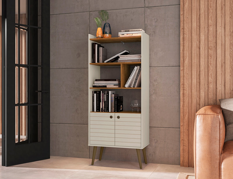 Manhattan Comfort Bogart 62.6\" Mid-Century Modern Bookcase - Off-White & Natural