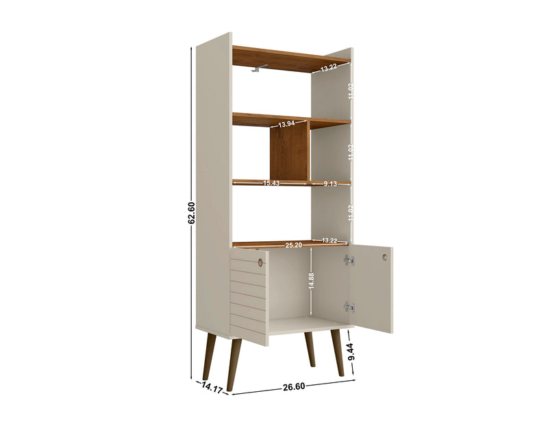 Manhattan Comfort Bogart 62.6\" Mid-Century Modern Bookcase - Off-White & Natural
