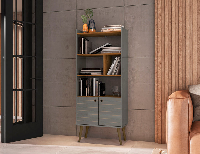 Manhattan Comfort Bogart 62.6\" Mid-Century Modern Bookcase - Grey & Natural