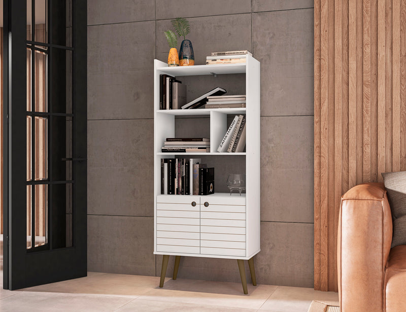 Manhattan Comfort Bogart 62.6\" Mid-Century Modern Bookcase - White & Natural