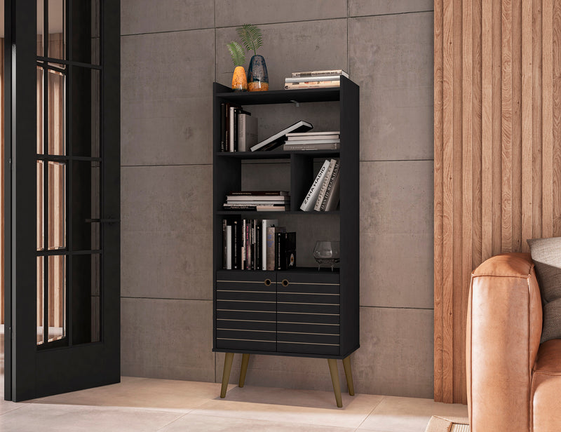 Manhattan Comfort Bogart 62.6\" Mid-Century Modern Bookcase - Black & Natural