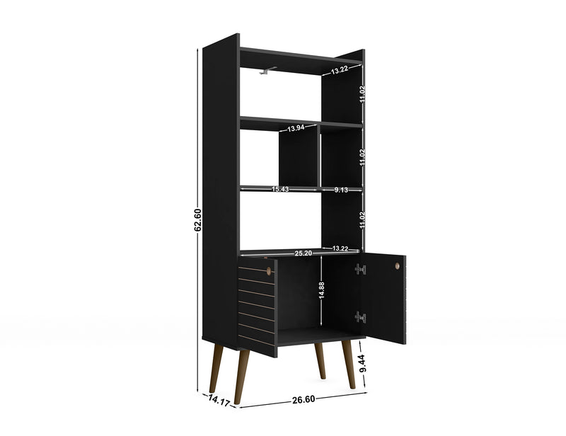 Manhattan Comfort Bogart 62.6\" Mid-Century Modern Bookcase - Black & Natural