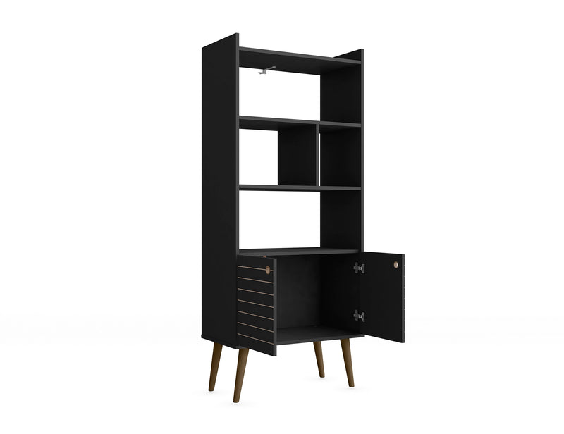 Manhattan Comfort Bogart 62.6\" Mid-Century Modern Bookcase - Black & Natural