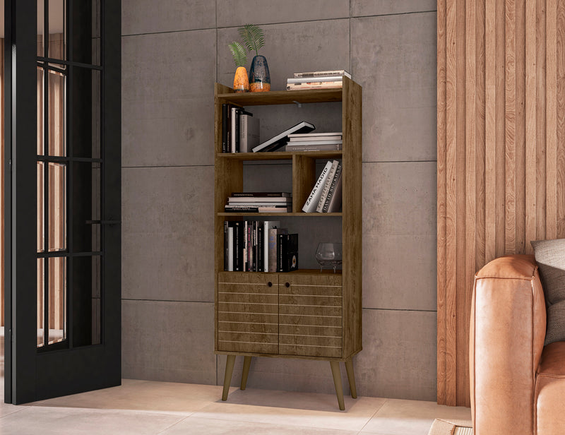 Manhattan Comfort Bogart 62.6\" Mid-Century Modern Bookcase - Rustic Brown & Natural